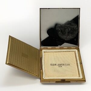Vintage Elgin American Powder Compact Mirror Gold Tone Floral 1950s w/ Puff